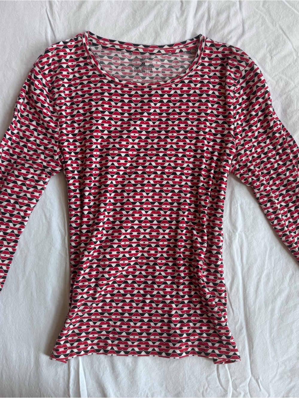 Jones New York Pink and White Long-Sleeve Geometric Scoop Neck Top